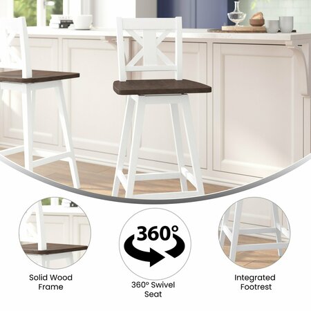 Flash Furniture Gwendolyn Commercial Solid Wood Modern Farmhouse Swivel Bar Height Barstool in Antique White Wash ES-G1-29-WH-GG